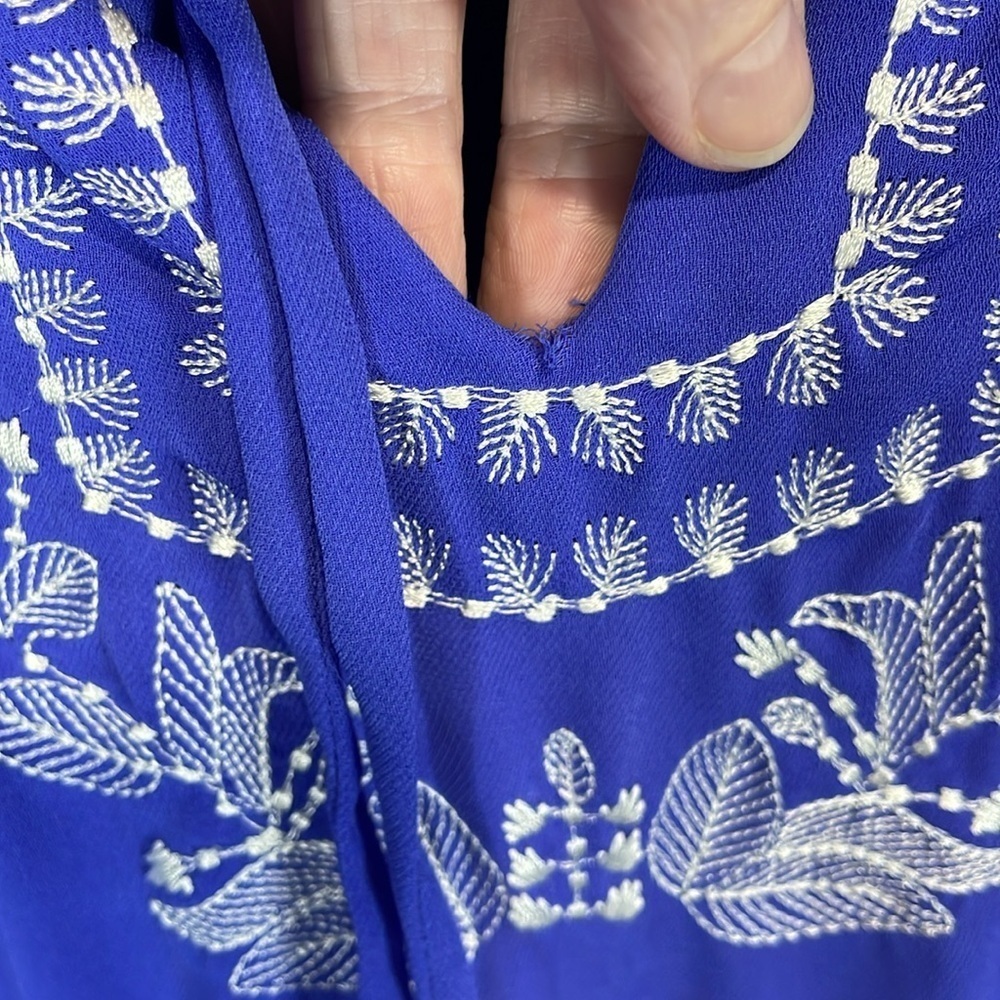 Bebe Blue Embroidered Mini Dress Boho Bib Collar Tie Front Size 8 - Picture 12 of 12